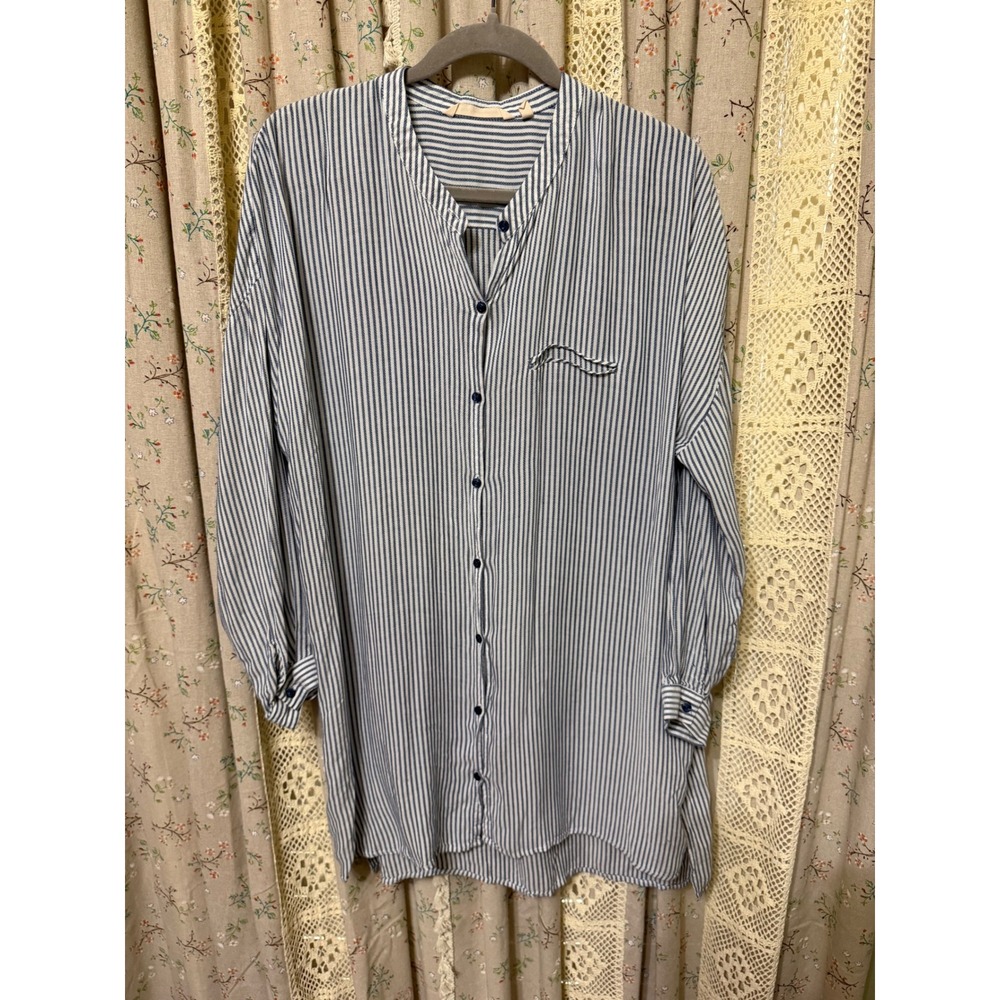 Soft Surroundings Blue White Stripe Button Front Tunic Shirt Top Size L